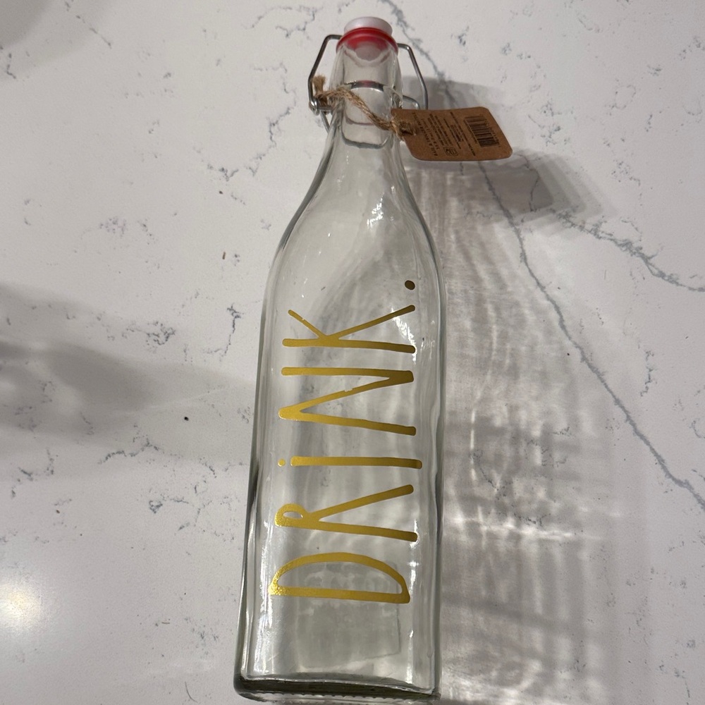 Rae Dunn Clear Glass Bottle with Gold 'Drink' Text